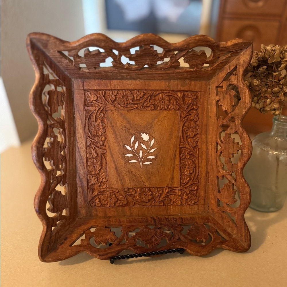 Vintage Square Wooden Decorative Tray Flowers VTG Cottagecore